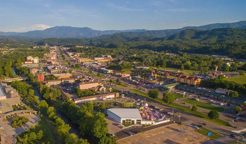 Aerial view of Pigeon Forge and the Smokies