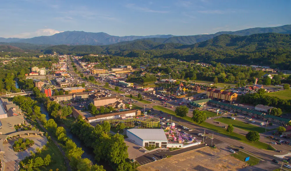 Aerial view of Pigeon Forge and the Smokies