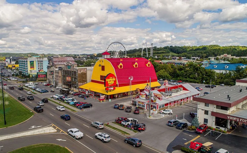 aerial view of The Comedy Barn and Pigeon Forge Parkway